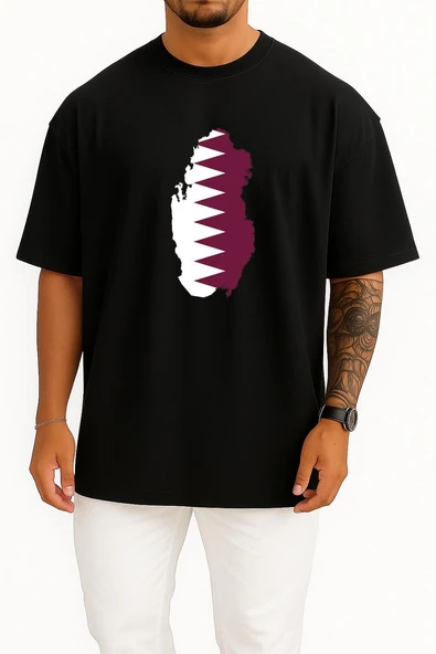 Oversize Katar - Qatar Bayrağı Göğüs Tasarımlı Unisex T-Shirt - Resim 11