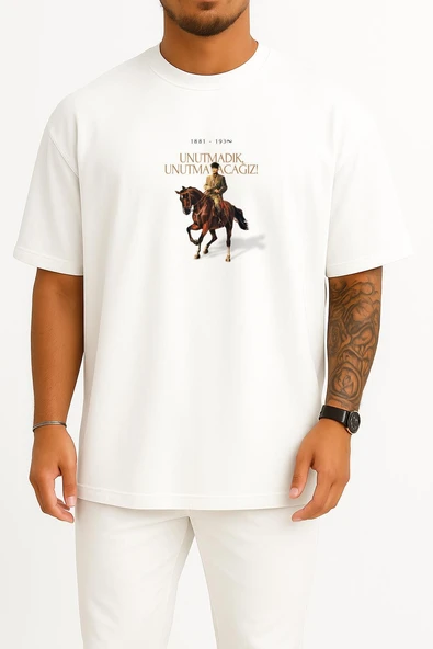 Oversize 10 Kasım Atatürk Unutmadık Unutmayacağız Göğüs Tasarımlı Unisex T-Shirt - Resim 10