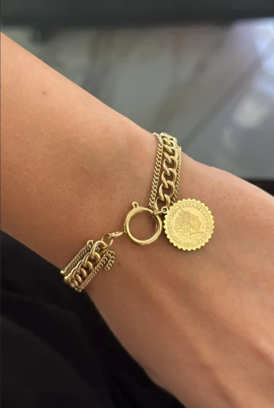 Altın Renk Madalyon Figürlü Çelik Bileklik ürün görseli 1