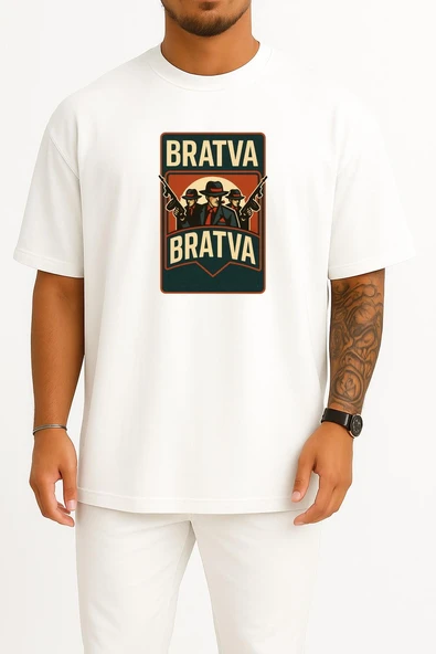 Oversize Bratva İtalian Mafia Göğüs Tasarımlı Unisex T-Shirt - Resim 3