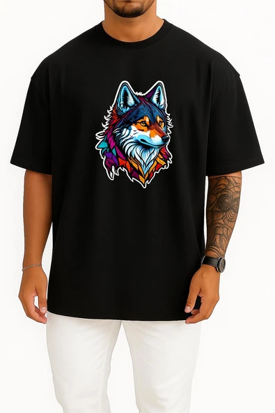 Oversize Wolf Face Logo Mascot Göğüs Tasarımlı Unisex T-Shirt - Resim 11