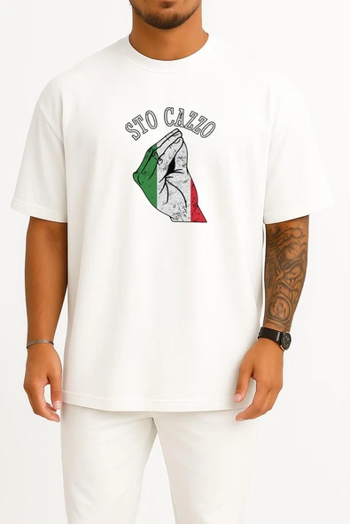 Oversize Sto Cazzo İtalia Göğüs Tasarımlı Unisex T-Shirt - Resim 7