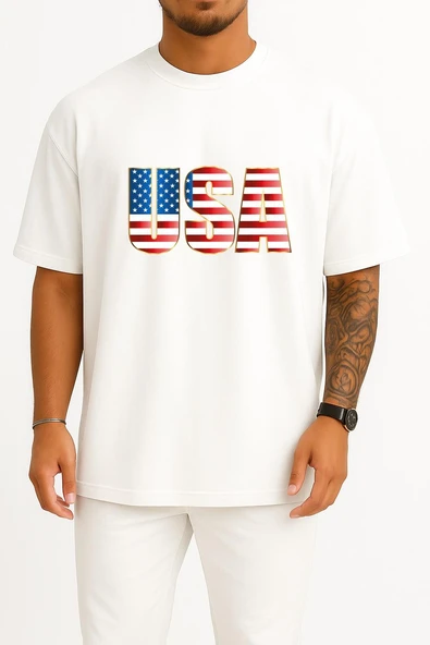 Oversize United States Of America - Amerika Birleşik Devletleri Göğüs Tasarımlı Unisex T-Shirt - Resim 7