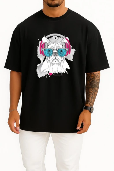 Oversize Funny Dog With Eyeglasses And Headphones Göğüs Tasarımlı Unisex T-Shirt - Resim 9