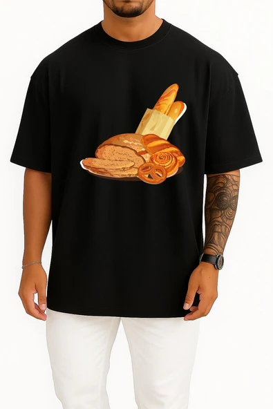 Oversize Baget Kruvasan Ekmek Simit Ekmek Hamur İşi Göğüs Tasarımlı Unisex T-Shirt - Resim 11