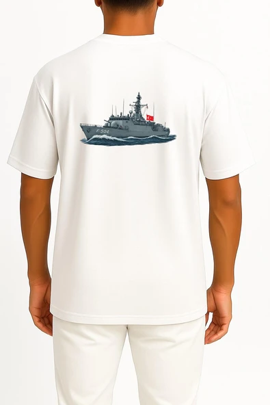 Oversize F504 Tcg Bartın Savaş Gemisi Cep ve Sırt Tasarımlı Unisex T-Shirt - Resim 5