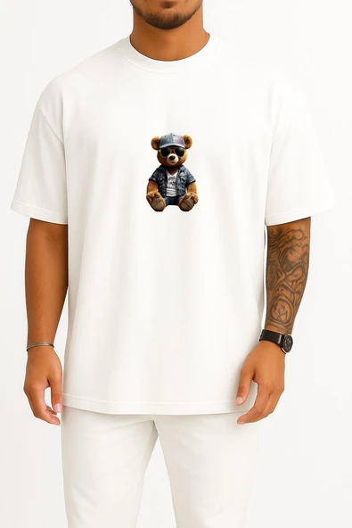 Oversize Oturan Cool Teddy Bear Göğüs Tasarımlı Unisex T-Shirt ürün görseli