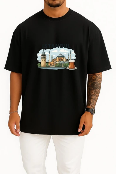 Oversize İstanbul - Ayasofya Camii Ve Çay Göğüs Tasarımlı Unisex T-Shirt - Resim 9