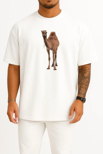 Oversize Dromedary Bactrian Deve, Deve Göğüs Tasarımlı Unisex T-Shirt - Resim 7