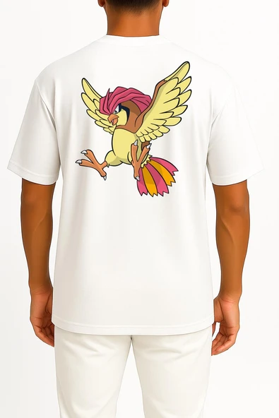 Oversize Pidgeotto Cep ve Sırt Tasarımlı Unisex T-Shirt - Resim 2