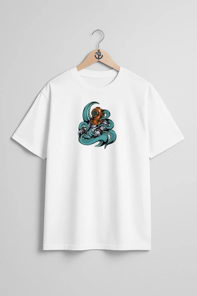 Oversize Diver Octopus Göğüs Tasarımlı Unisex T-Shirt - Resim 3