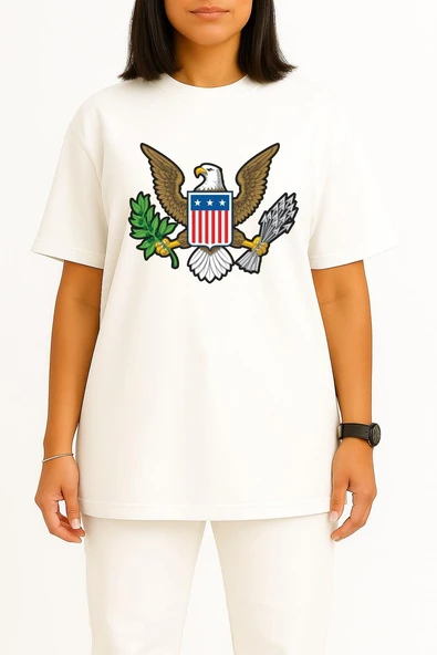 Oversize American Bald Eagle Göğüs Tasarımlı Unisex T-Shirt - Resim 2