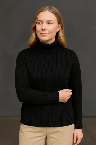 Balıkcı Yaka Bağazlı Triko Kazak Pamuklu Kalın Fitilli Dokuma - Siyah - Resim 3