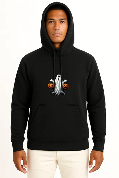 Kapüşonlu Hallowen Ve Ghost Göğüs Baskılı Unisex Sweatshirt - Resim 9