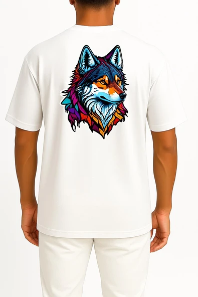 Oversize Wolf Face Logo Mascot Cep ve Sırt Tasarımlı Unisex T-Shirt - Resim 8
