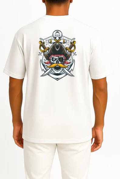 Oversize Mustache Skull Pirate Cep ve Sırt Tasarımlı Unisex T-Shirt - Resim 11