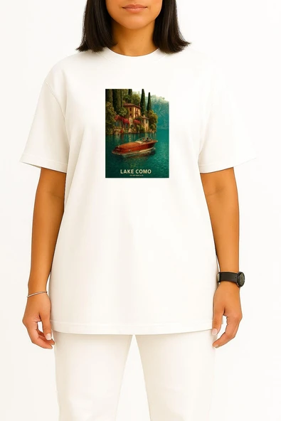 Oversize Lake Como İtalya Göğüs Tasarımlı Unisex T-Shirt - Resim 5