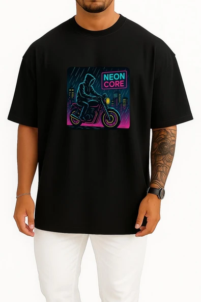 Oversize Neon City Rider Private Design Göğüs Tasarımlı Unisex T-Shirt - Resim 11