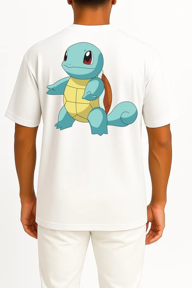 Oversize Squirtle Cep ve Sırt Tasarımlı Unisex T-Shirt - Resim 2