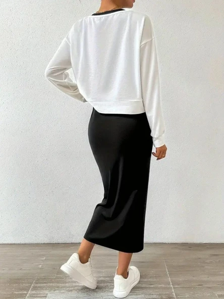 Kadın Askılı Yuvarlak Yaka Viskon Iki Iplik Elbise Ve V Yakalı Bluz Ikili Takım - Resim 4