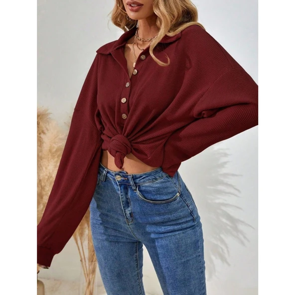 Lucky Life Kadın Uzun Kollu Yakalı Düğmeli Salaş Waffle Bluz ürün görseli 1
