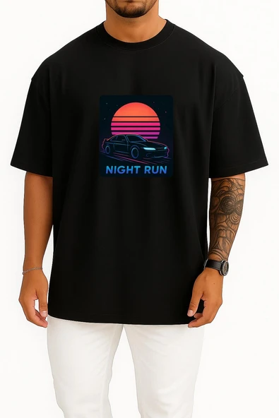 Oversize Jdm Night Run – Neon Sunset Göğüs Tasarımlı Unisex T-Shirt - Resim 9
