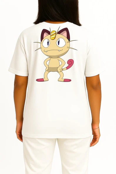 Oversize Meowth Cep ve Sırt Tasarımlı Unisex T-Shirt - Resim 4
