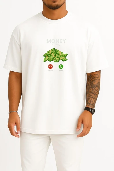 Oversize Money İs Calling - Para Arıyor Göğüs Tasarımlı Unisex T-Shirt - Resim 3