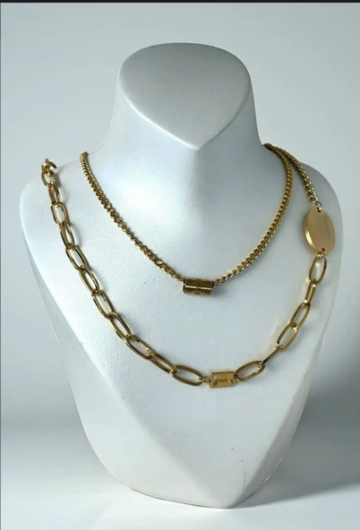 Altın Renk Zincir Detaylı Çelik Kolye ürün görseli 1