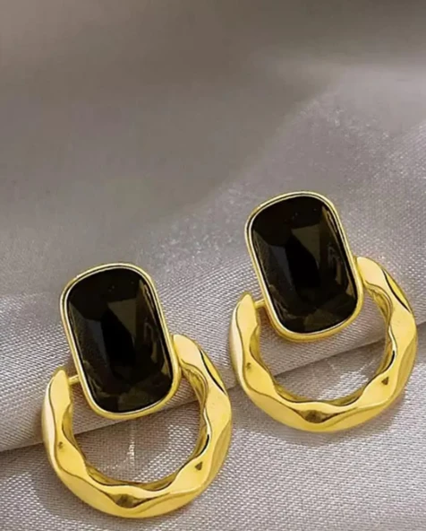 Altın Renk Taş Detaylı Çelik Küpe (Çift) ürün görseli 1