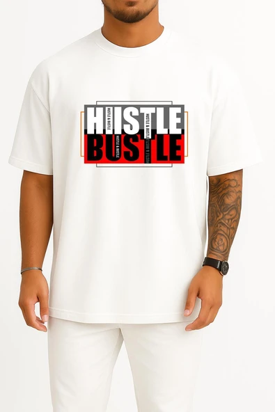 Oversize Hustle & Bustle Göğüs Tasarımlı Unisex T-Shirt - Resim 5