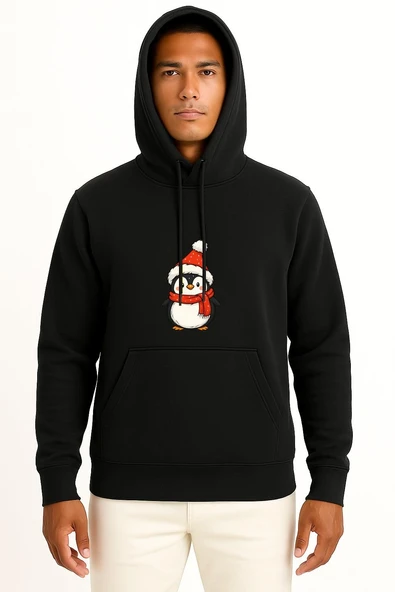 Kapüşonlu Yılbaşı Penguen Christmas Göğüs Baskılı Unisex Sweatshirt - Resim 9