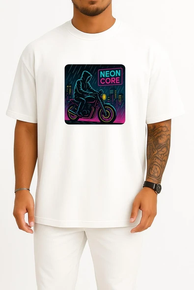 Oversize Neon City Rider Private Design Göğüs Tasarımlı Unisex T-Shirt - Resim 3