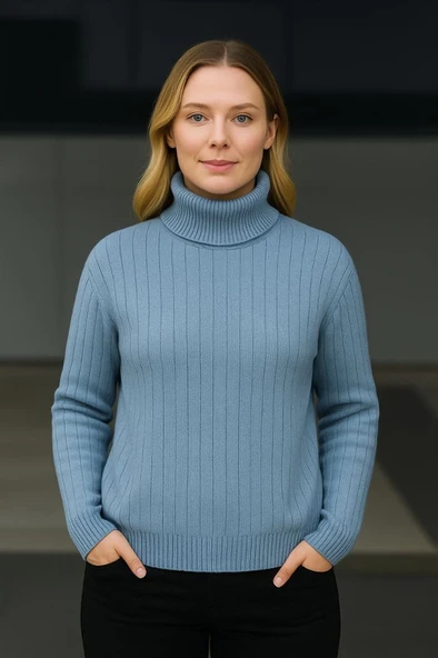 Balıkcı Yaka Bağazlı Triko Kazak Pamuklu Kalın Fitilli Dokuma - Bebek Mavisi - Resim 3