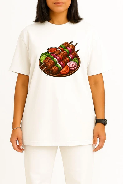 Oversize Çöp Şiş Tavuk Şiş Izgara Göğüs Baskılı Unisex T-Shirt - Resim 2