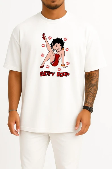 Oversize Betty Boop Göğüs Tasarımlı Unisex T-Shirt - Resim 3