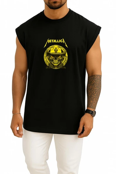 Oversize Metallica Rock Skull Göğüs Baskılı Atlet - Resim 11