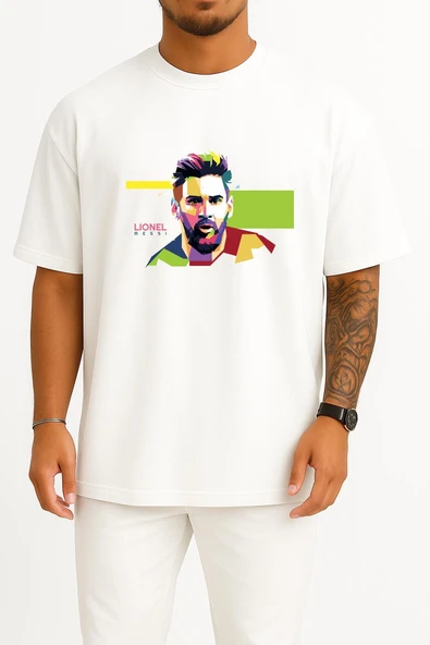 Oversize Colored Lionel Messi Göğüs Tasarımlı Unisex T-Shirt - Resim 7