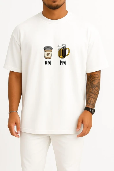 Oversize Sabah Kahve Akşam Beer Göğüs ve Sırt Tasarımlı Unisex T-Shirt - Resim 10