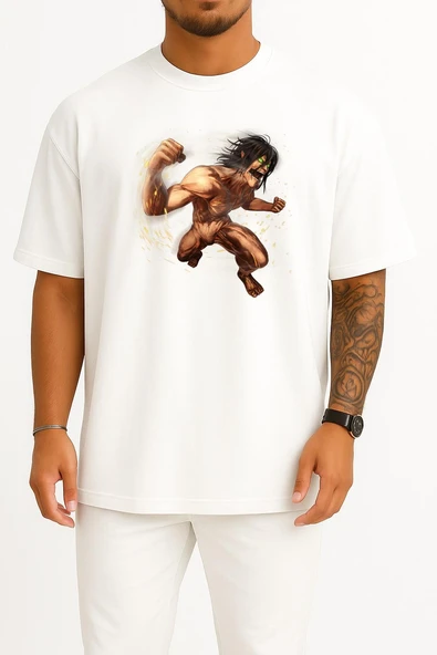 Oversize Attack On Titans Eren Göğüs Tasarımlı Unisex T-Shirt - Resim 3