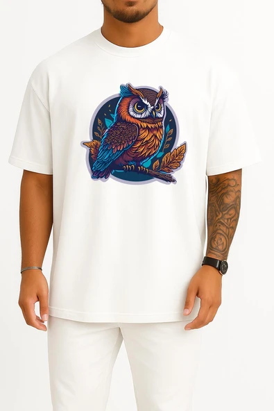 Oversize Sticker Owl Mascot Göğüs Tasarımlı Unisex T-Shirt - Resim 3