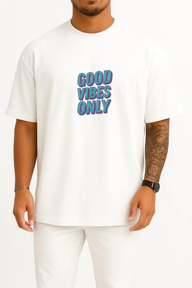 Oversize Good Vibes Only Göğüs Tasarımlı Unisex T-Shirt - Resim 3