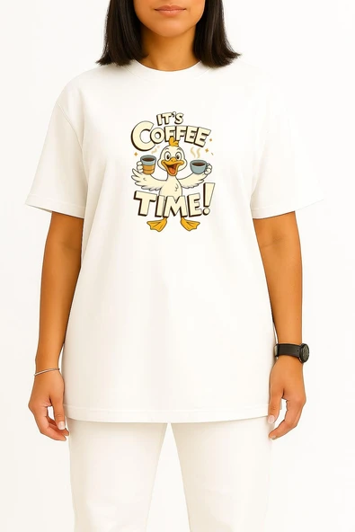 Oversize Kahve Zamanı - İt S Coffee Time Göğüs Baskılı Unisex T-Shirt - Resim 5