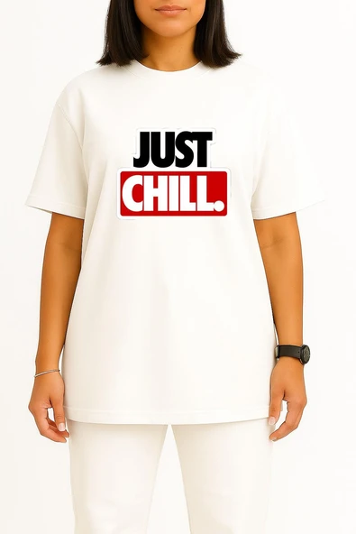 Oversize Just Chill Göğüs Tasarımlı Unisex T-Shirt - Resim 5