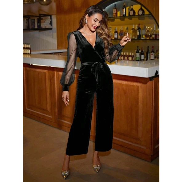 Lucky Life Kadın Uzun Kollu Kruvaze Yakalı Belden Kuşaklı Tül Detaylı Kadife Tulum - Resim 8