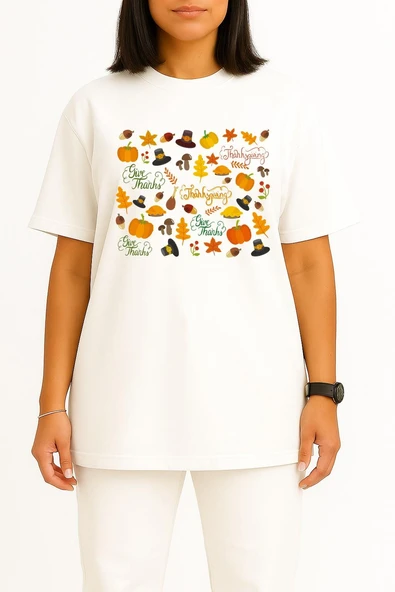 Oversize Thanksgiving Şükran Günü Göğüs Tasarımlı Unisex T-Shirt - Resim 11
