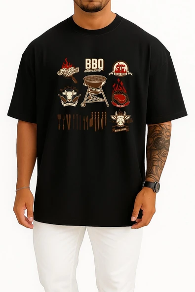 Oversize Barbecue Chophouse Restaurant Kebab Grilling Göğüs Tasarımlı Unisex T-Shirt - Resim 11