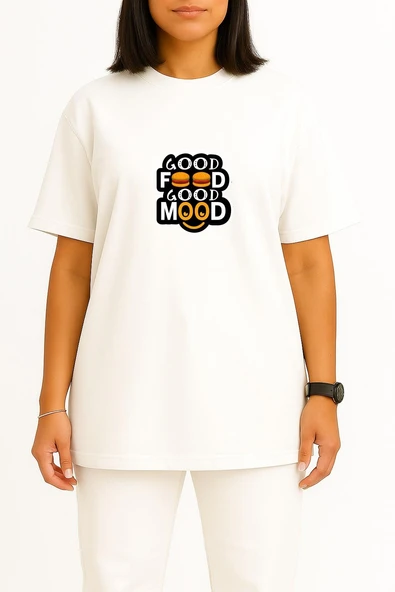 Oversize Good Food Good Mood Göğüs Tasarımlı Unisex T-Shirt - Resim 8
