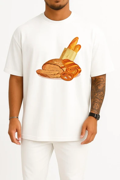 Oversize Baget Kruvasan Ekmek Simit Ekmek Hamur İşi Göğüs Tasarımlı Unisex T-Shirt ürün görseli