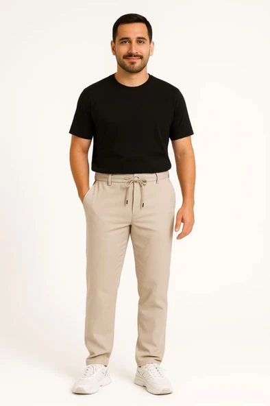 Erkek Diagonel Mikro Dokulu Cepli Pantolon - Bej ürün görseli 1
